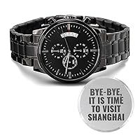 Men's Shanghai Engraved Design Black Chronograph Watch
