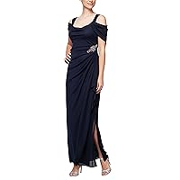 Alex Evenings Women's Plus Size Long Cold Shoulder Dress with Ruched Skirt