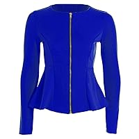 New Women Ladies Plain Zip Peplum Frill Tailored Blazer Jacket Coat Top Big Size UK 8-24 (8, Royal Blue)