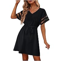 Mnini Dresses for Women Swing Summer Dress V Neck Casual Dress Loose Vacation Sundress Short Sleeve Cover Up Dress