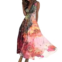 Long Sundresses for Women,Plus Size Resort Dresses Sexy Wrap V Neck Sleeveless High Waisted Beach Maxi Dress