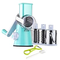 Ourokhome Rotary Cheese Grater Shredder, Speed Kitchen Manual Round Mandolin Slicer Grinder for Potato Hash Brown, Vegetable, Walnut, Nut, Carrot Garlic, Chocolate, Radish with 3 Drum Blades, Blue