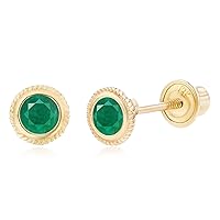 Solid 14K Gold 4mm Bezel Cushion Natural Birthstone Screwback Stud Earrings For Women | 3mm Round Cut Birthstone | 14K Gold Bezel Birthstone Screwback Earrings For Women and Girls