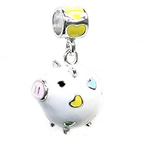 Queenberry Sterling Silver 3-D White Pig Enamel European Style Dangle Bead Charm