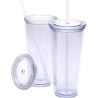 32oz Double Wall Plastic Tumblers with Lids and Straws | Extra Large Classic Travel Tumbler | 2 Pack Set of 2 | Clear Reusable Cups with Straws | BPA Free