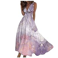 Dresses for Women 2024 V Neck Sleeveless Dress Vintage Ruffle Flowy Beach Dress with Pocket Print Cotton Linen Dress Maxi