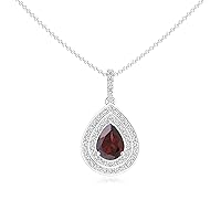 Natural Garnet Halo Teardrop Pendant Necklace with Diamond for Women in Sterling Silver / 14K Solid Gold/Platinum