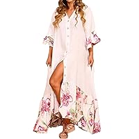 Women Button Down Maxi Shirt Dress Short Sleeve V Neck Long Dress Patchwork Ruffles Tiered Elegant Beach Blouse Dress