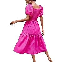 Square Neck Puff Sleeve Ruffle Hem Dress (Color : Hot Pink, Size : X-Large)