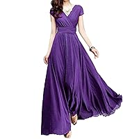 Summer Plus Size Women Long Dress - Bohemian Solid Color Short Sleeve V Neck Midi Dress Tight Waist Maxi Evening Lo