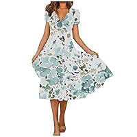 Spring Dresses for Women 2024 Trendy Summer Floral Sundress Short Sleeve V Neck A-Line Tropical Vacation Skirt
