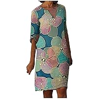 Women's Bohemian Swing Dress Foral Print Hawai Short Sleeve Knee Length Beach V-Neck Trendy Casual Summer Flowy
