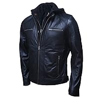 Artistry Mens Genuine Lambskin Leather Motorcycle Jacket with Removable Hood in Black Brown