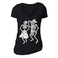 Women's 2 Dancing Skeletons Sugar Skull Day of Dead V-Neck Short Sleeve T-Shirt