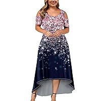 Plus Size Dresses for Curvy Women, Boho Maxi Dress Modest Dresses for Women Womens Daily Round Neck Dress Short Sleeve Dressy Irregular Hem Casual Printed Ladies Fashion Summer (Hot Pink,5X-Large)
