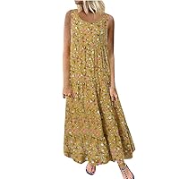 Womens Dresses 2024 Plus Size Linen Floral Dresses Women Sleeveless Sundress Summer Casual Tiered Dress 2024 Trendy Flowy Boho Dresses Vestidos De Verano para Yellow