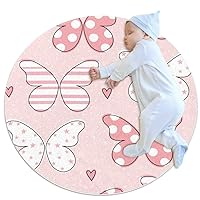 Baby Rug Pink Butterfly Love Kids Round Play Mat Infant Crawling Mat Floor Playmats Washable Game Blanket Tummy Time Baby Play Mat 27.6x27.6 inches