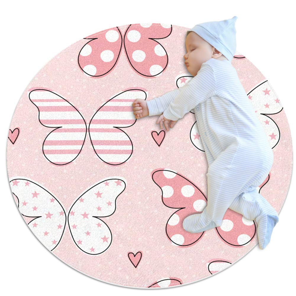 Baby Rug Pink Butterfly Love Kids Round Play Mat Infant Crawling Mat Floor Playmats Washable Game Blanket Tummy Time Baby Play Mat 31.5x31.5 inches