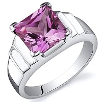 PEORA Created Pink Sapphire Engagement Ring in Sterling Silver, Tiered Solitaire, 3.25 Carats Princess Cut, 8mm, Comfort Fit, Sizes 5 to 9