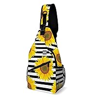 Sunflowers on Black White Striped Sling Backpack Crossbody Chest Bag Print Shoulder Bag Travel Daypack for Sports Running Hiking