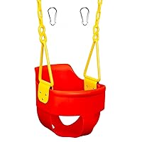 Premium High Back Full Bucket Toddler Swing Seat with Finger Grip, Plastic Coated Chains for Safety and Carabiners for Easy Install - Red - Squirrel Products