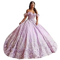 Women's Sweet 16 Princess Off Shoulder Quinceanera Dress Flower Lace Applique Ball Gowns Tulle