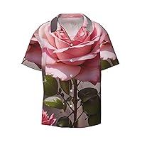 Pink Rose Men's Summer Short-Sleeved Shirts, Casual Shirts, Loose Fit with Pockets