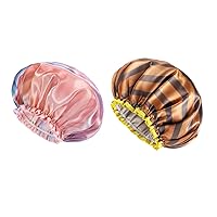 mikimini Rainbow Series Shower Cap 1 Pack, Double Waterproof Soft PEVA Lining(B)& Golden Striped Large Shower Cap 2 Pack, Double Waterproof Soft PEVA Lining （Stripe）