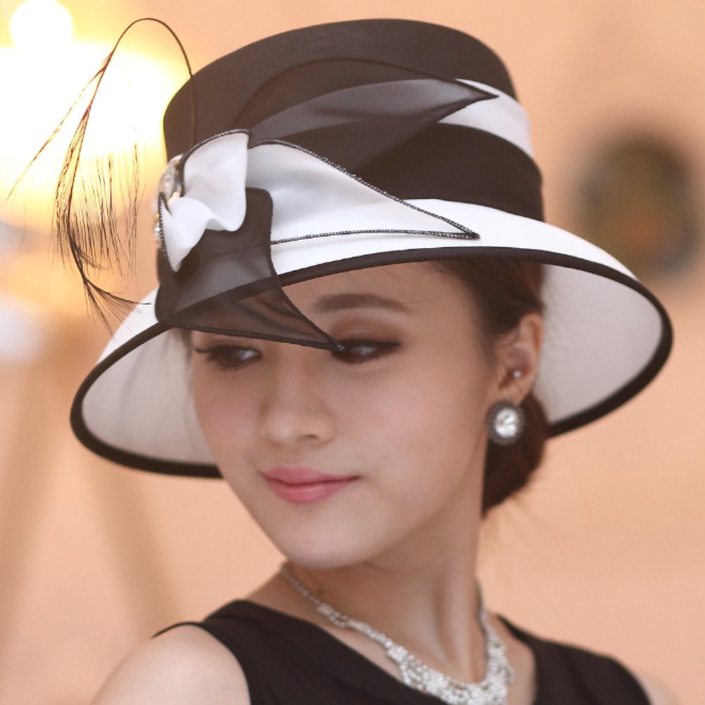 June's Young Women Church Hats Formal Dress Derby Hats with Feather Elegant Bucket Hats (Black/White)