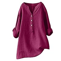 YZHM Womens Plus Size Tops Long Sleeve Shirts V Neck Cotton Linen Blouses Solid Comfy Tunic Tops Loose Fit Henley Tshirts, Plus Size Shirts for Women, Plus Size Blouses for Women Hot Pink