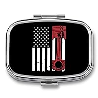 Car Enthusiast American Flag Rectangular Pill Box Portable Medicine Pill Case 2 Compartment Pill Organizer for Travel Pocket Purse