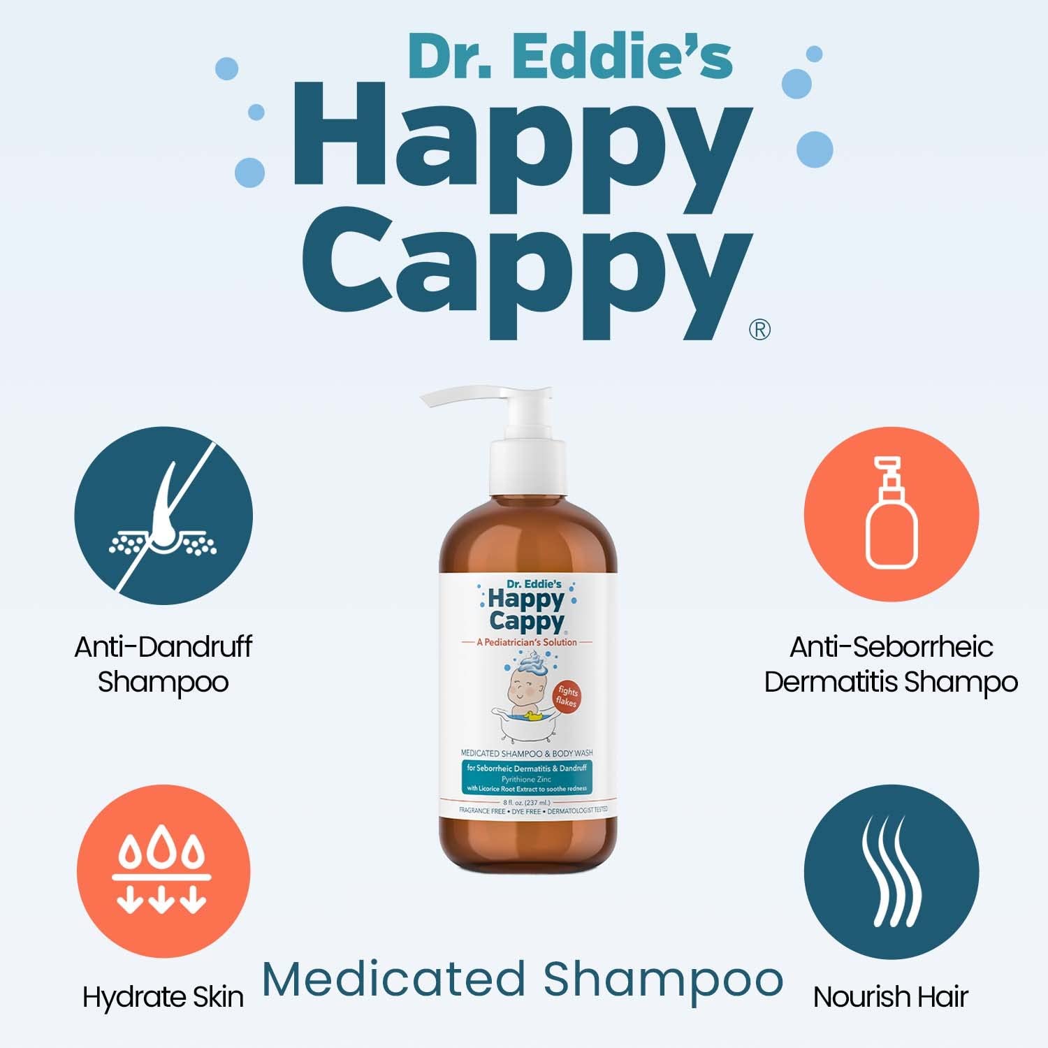 Happy Cappy Dr. Eddie’s Medicated Shampoo for Children, Treats Dandruff & Seborrheic Dermatitis, No Fragrance, Stops Flakes and Redness on Sensitive Scalps and Skin, Cradle Cap Brush Not Needed, 8 oz