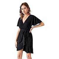 Women's Casual Dresses Floral Flutter Sleeve Belted Wrap Dress Charming Mystery Special Beautiful (Color : Black, Size : X-Small)