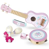 Kids Guitar for Girls, Wooden Musical Instruments Toys with Ukulele, Tambourine, Maracas, Harmonica, Mini Band Sets for Toddlers 2 3 Years Old Birthday Gift (Pink for Girls)