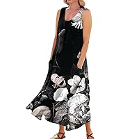 Womens Spring Dress Casual Comfortable Floral Print Sleeveless Cotton Pocket Dress
