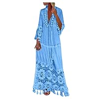 Women's Bohemian Dress,V Neck Long Sleeve Tassel Plus Size Long Lace Dress Vacation Beach Ethnic Style Maxi Dresses Light Blue