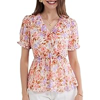 GRACE KARIN 2024 Women's Summer Casual Tops Floral Printed Short Sleeve Peplum Blouses Dressy V Neck Flowy Chiffon Shirts