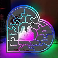 Personalized Mom Puzzle Piece LED Lights Mirror Sign,Custom Photo Name Heart Plaque Neon Signs for Mothers Day Birthday Gifts from Daughter Son,Living Room Bedroom Desk Decor