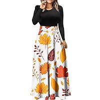 Womens Long Sleeve Loose Patchwork Print Dress Casual Long Maxi Dresses 2023 Fall Clothes Women's Plus Size
