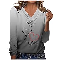 V Neck Long Sleeve Tops for Women Heart Graphic Shirts Mother's Day T-Shirt Cozy Casual Crew Neck Blouses Tee