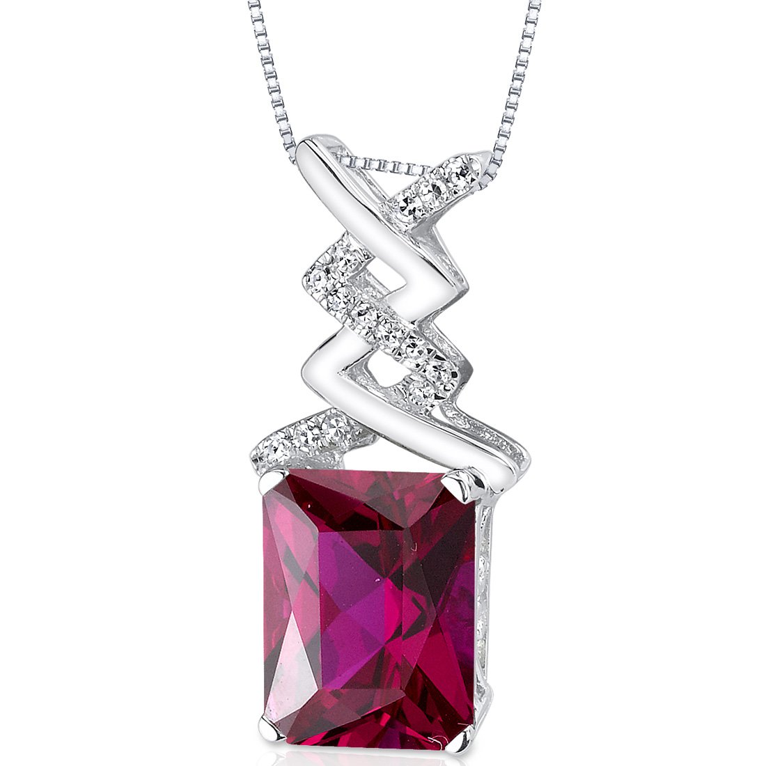 Peora 14K White Gold 4.06 Carats Created Ruby and Genuine Diamond Pendant, AAA Grade Radiant Cut Solitaire