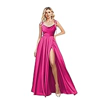 Spaghetti Straps Satin Bridesmaid Dresses Long High Slit Cowl Neck A Line Formal Evening Party Gowns with Pockets