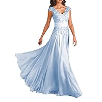 V-Neck Mother of Bride Dress with Sleeves Laces Appliques Chiffon Formal Evening Party Gown for Women ZJ02