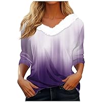 Women Gradient Tie Dye Shirt Long Sleeve Fleece V Neck T-Shirt Fall Fashion Fur Collar Y2k Tops Casual Outfits
