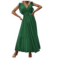 Fashion Dresses for Women 2022 Elegant Long Summer Dress Sexy V Neck Ruffle Sleeve Pleated Waist Tie Maxi Dress