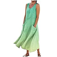 Women's Linen Dresses Sundresses for Women 2024 Gradient Color Casual Fashion Y2k Loose Fit with Sleeveless U Neck Pockets Dress Green 3X-Large