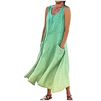 2024 Women's Casual Loose-Fit Cotton and Linen Plaid Tank Maxi Beach Dress with Pockets