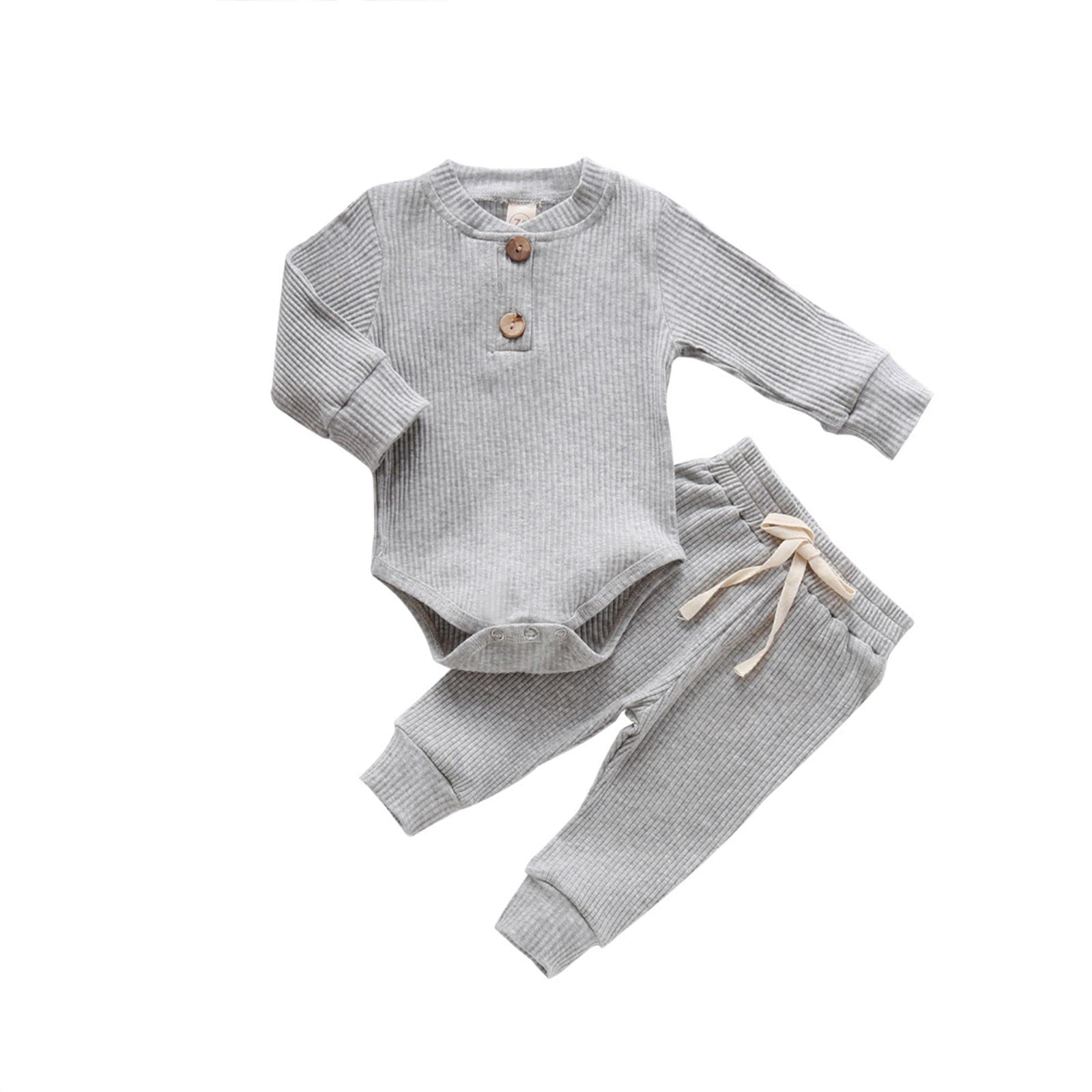 CIYCUIT Newborn Baby Boy Outfits Long Sleeve Solid Color Ribbed Knitted Romper Pants 2Pcs Gender Neutral Baby Clothes