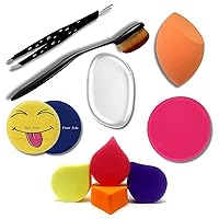 Out Of Box 10-Piece Beauty Tool Combo - Includes Slant-Pointed Tip Tweezer, Oval Makeup Blush Brush, Emoji Puff, Silicone Blender, Blender, Big Puff, and 4 Makeup Sponge Puffs