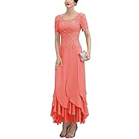 Lace Chiffon Mother of The Bride Dresses for Wedding 2023 Women Formal Short Sleeves Ruffle Bottom Evening Dresses